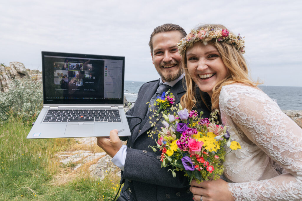 Newlyweds have zoom with the family, while they are getting married in Scandinavia on Bornholm island.