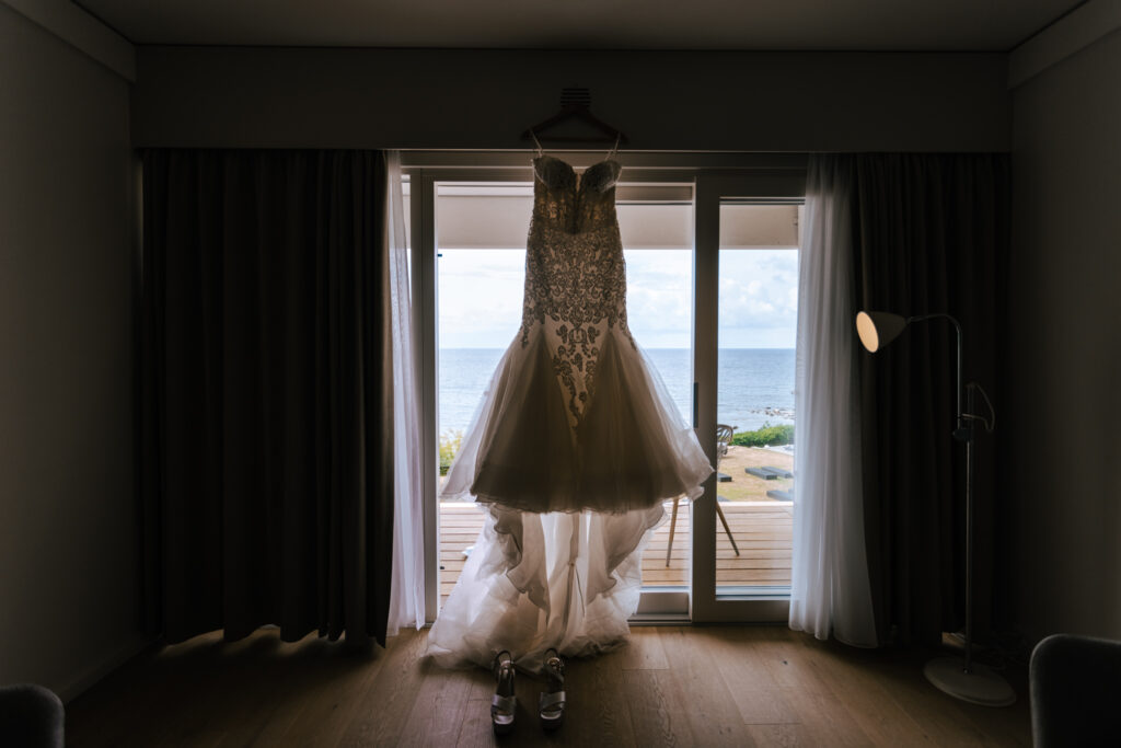 A photo of the wedding dress in Bornholm hotel